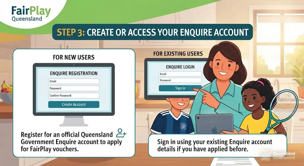 Step-by-step guide illustration for FairPlay Queensland showing how to register for a new Enquire account or sign in with existing credentials to apply for activity vouchers.