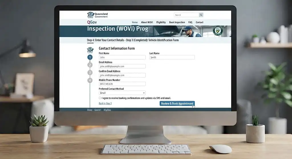 A desktop monitor displaying the Contact Information Form for Step 4 of the Queensland Written-Off Vehicle Inspection (WOVI) Program, featuring input fields for name, email address, and mobile phone number.