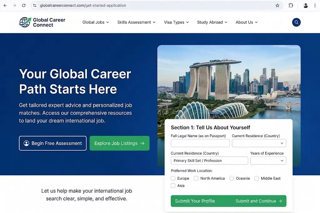 personal details application form showing Section 1 Tell Us About Yourself with name, residence, and profession fields