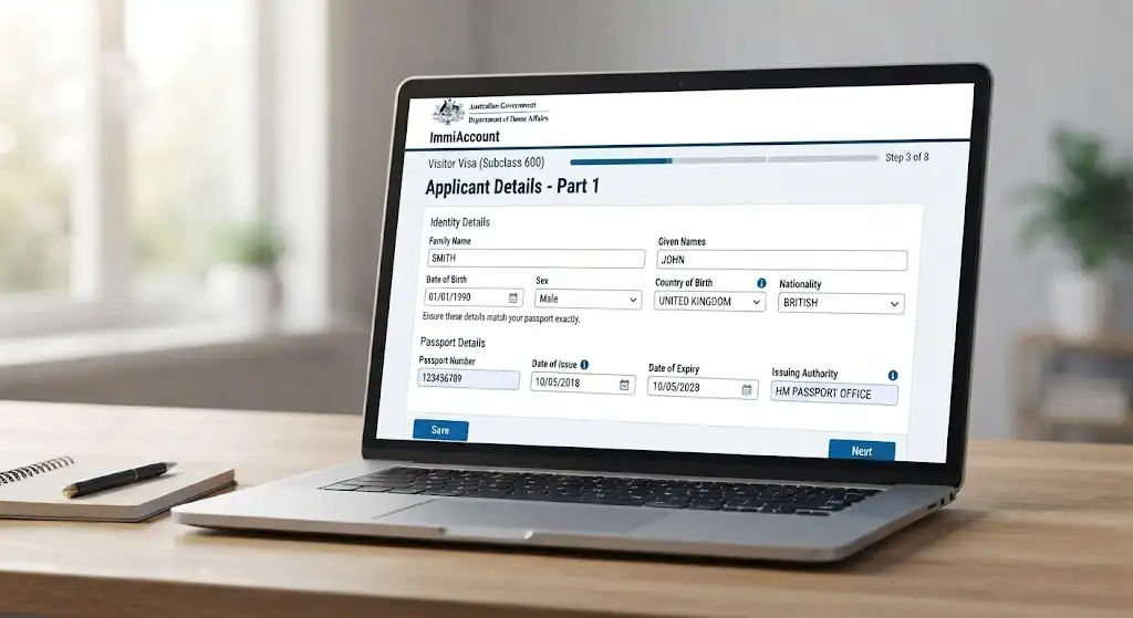 Laptop screen displaying Step 3 of the ImmiAccount Visitor Visa Subclass 600 application, featuring input fields for identity and passport details[cite: 1].