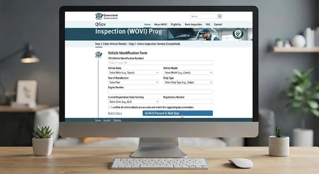 A desktop monitor displaying the Vehicle Identification Form for Step 3 of the Queensland Written-Off Vehicle Inspection (WOVI) Program, featuring fields for VIN, make, model, and registration details