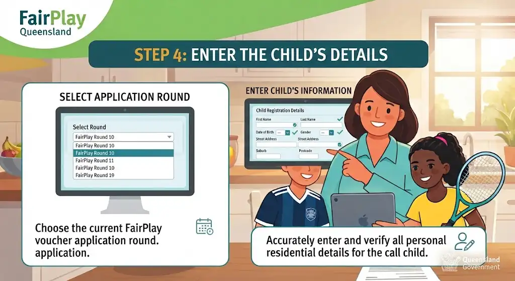 Step-by-step guide illustration for FairPlay Queensland showing how to select the application round and accurately enter the child's personal and residential details.
