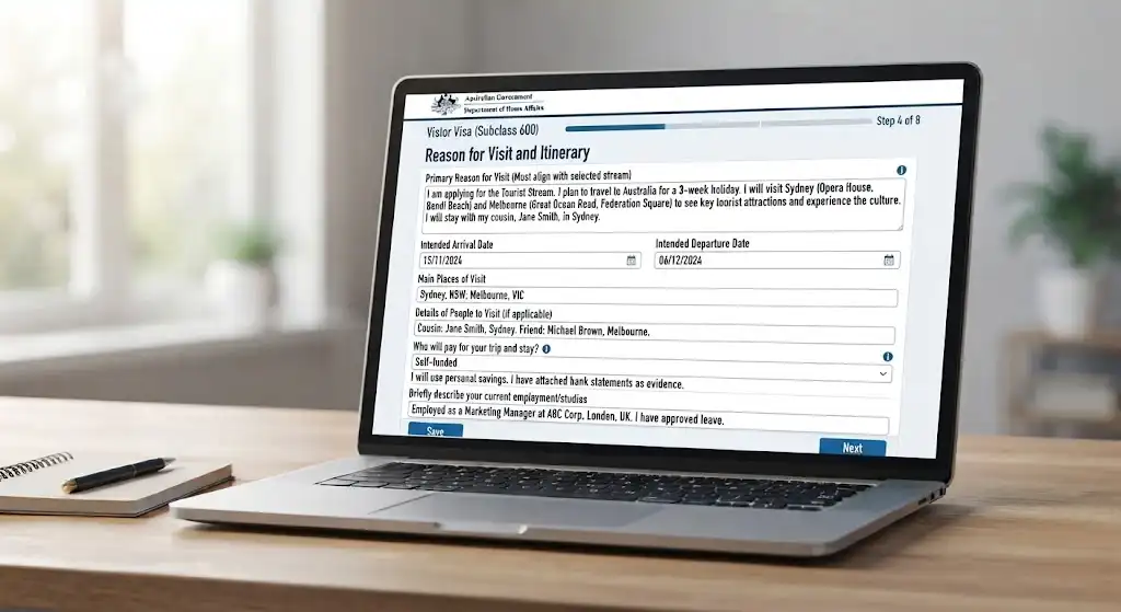 Step 4 of the ImmiAccount Visitor Visa application, featuring text fields for travel reasons, intended dates, places to visit, and employment details.