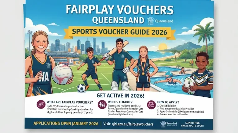 Illustrated banner for the FairPlay Vouchers Queensland Sports Voucher Guide showing diverse children participating in sports like netball, soccer, cricket, swimming, and rugby alongside eligibility and application steps.