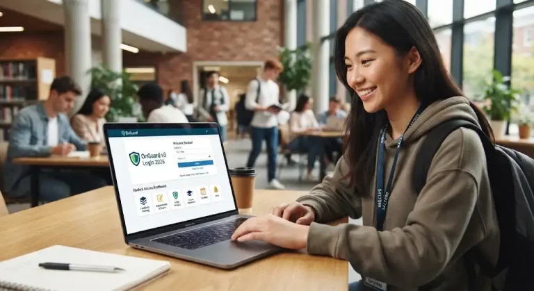 A female student using a laptop to access the OnGuard v3 login and student safety training dashboard in a library.