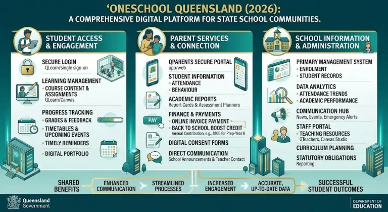 Infographic detailing OneSchool Queensland 2026 platform covering Student Access via QLearn, Parent Services through QParents app, and School Information management system.
