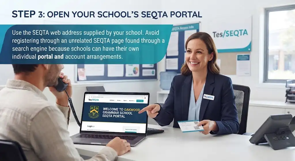 A school staff member pointing to a laptop displaying a specific school's branded SEQTA portal page, illustrating the step to open your school's unique portal.
