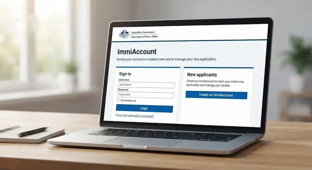 Laptop screen displaying the official Department of Home Affairs ImmiAccount login and registration page[cite: 1].