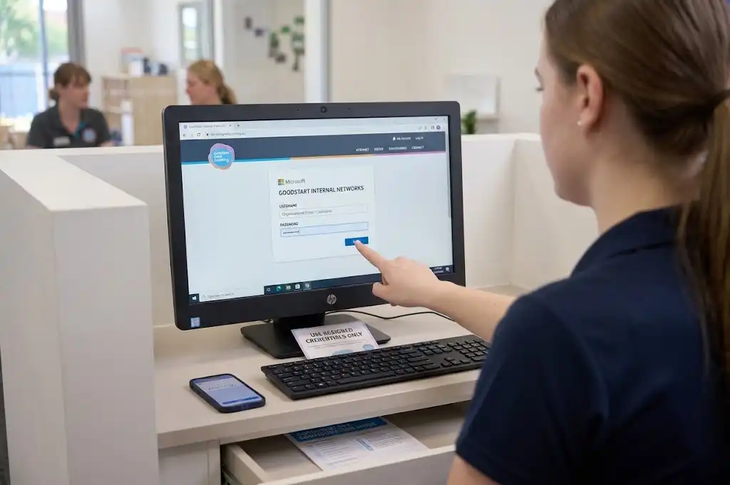 A first-person view of a Goodstart Early Learning employee signing into the official internal networks intranet portal.