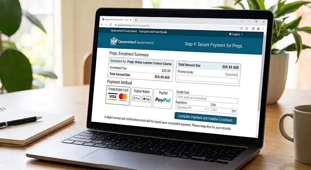 Laptop displaying the Queensland Government PrepL secure checkout page with enrolment summary, total fee, credit card and digital wallet payment options.