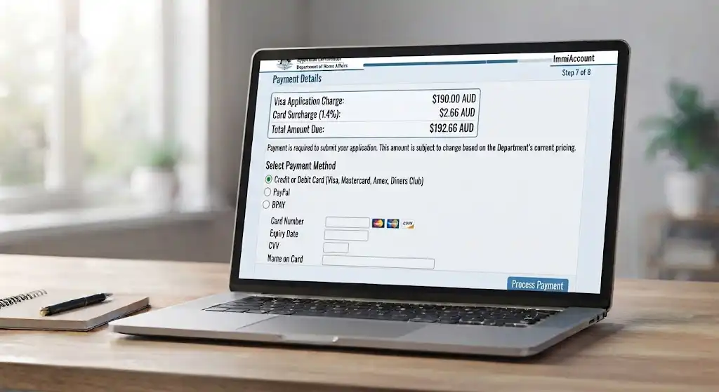 Step 7 of the ImmiAccount Visitor Visa application, showing the visa application charge breakdown, card surcharge, and payment method options[cite: 7].