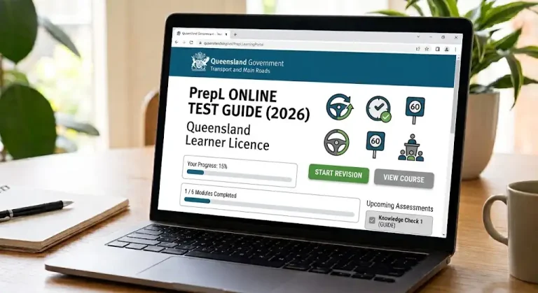 Open laptop displaying the official guide titled PrepL Online Test Guide for Queensland Learner Licence with course modules and progress tracking.