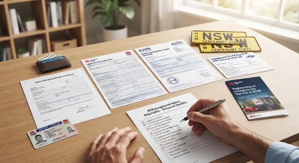Flat lay workspace showing required documents for NSW unregistered vehicle registration including proof of identity, Blue Slip report, CTP insurance details, and application checklist.