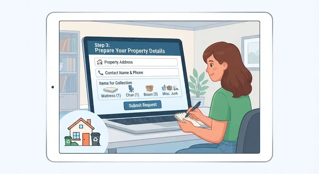 Illustration of a woman filling out a property details and item list form on a laptop for a council clean-up service.
