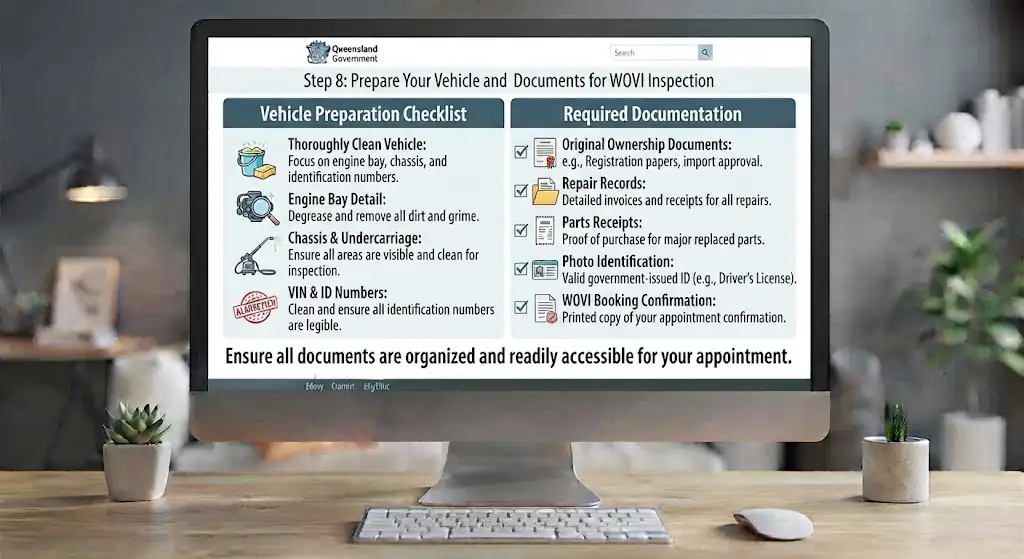 A desktop monitor displaying Step 8 of the Queensland Government WOVI Inspection program, featuring a two-column checklist detailing vehicle cleaning tasks (engine bay, chassis, VIN) and required documentation (ownership papers, repair records, ID, booking confirmation).