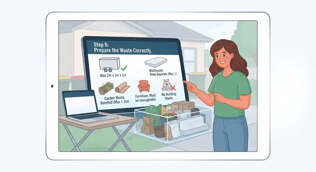 Illustration of a woman reviewing waste preparation guidelines on a laptop, showing size limits, bundled garden waste, and separate mattresses.