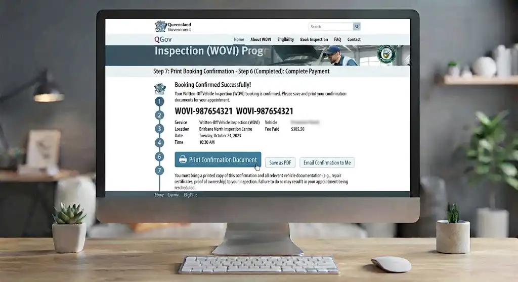 A desktop monitor displaying Step 7 of the Queensland Written-Off Vehicle Inspection (WOVI) Program, showing the booking confirmation screen with reference number, appointment details, and options to print or save the PDF document.