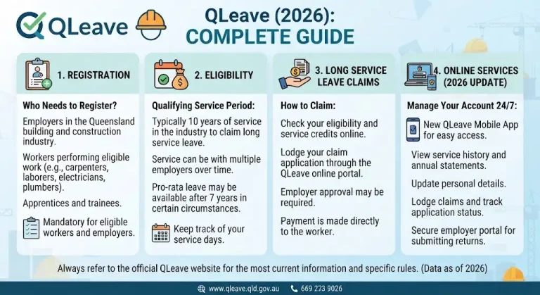 Infographic titled "QLeave Complete Guide" outlining registration, eligibility, long service leave claims, and online services for Queensland workers and employers.