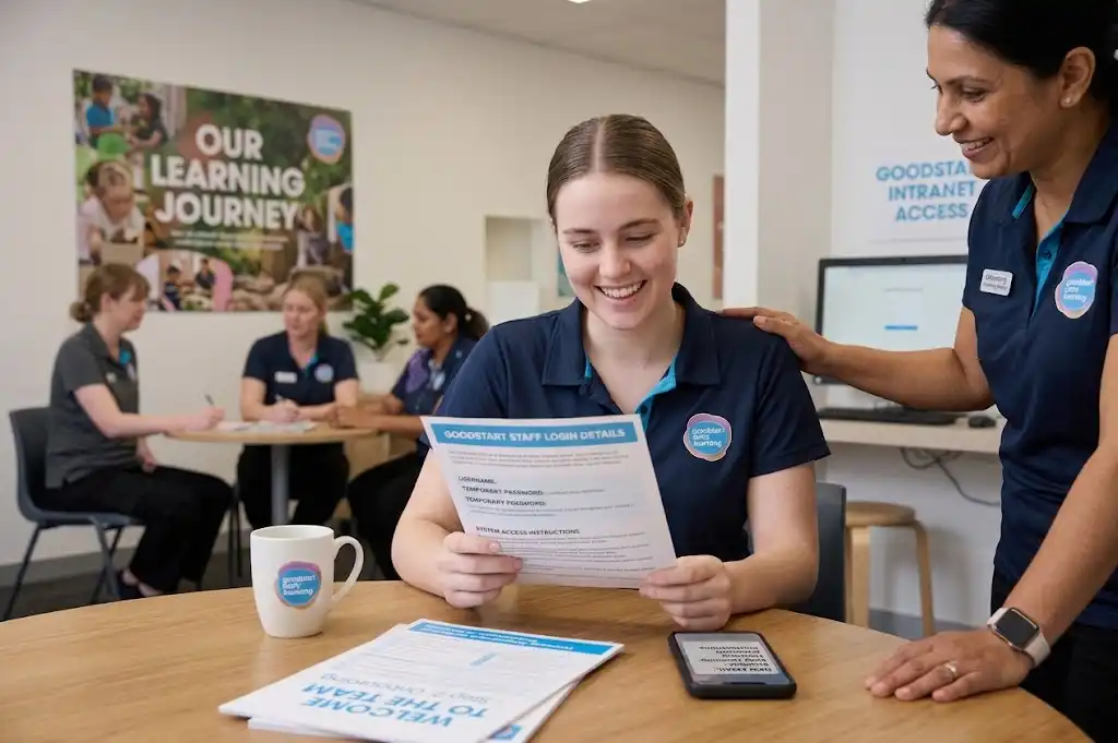 A Goodstart Early Learning employee reviewing official login details and credentials document for staff email and system access.