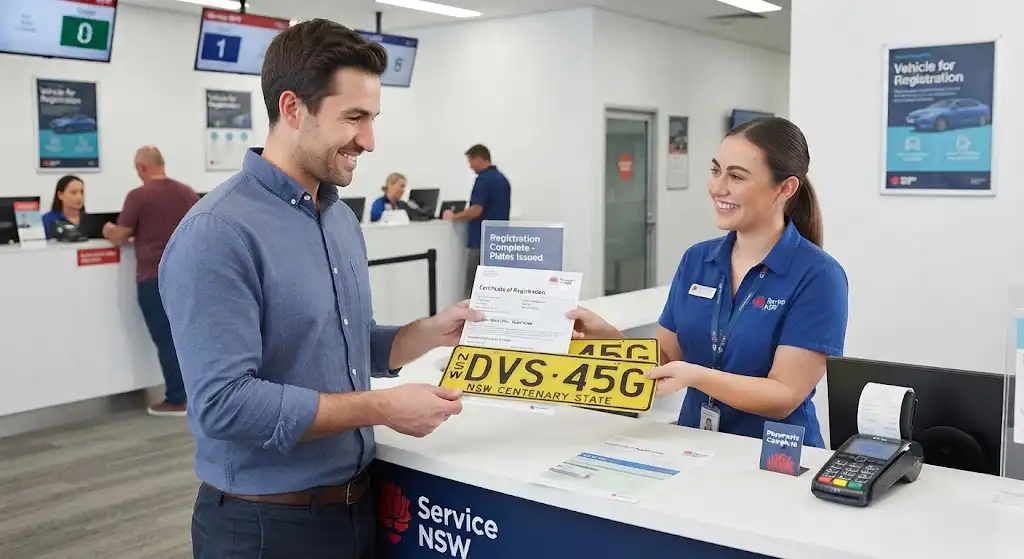 A customer smiling while receiving their official vehicle registration certificate and new NSW number plates from a staff member at a Service NSW service centre.
