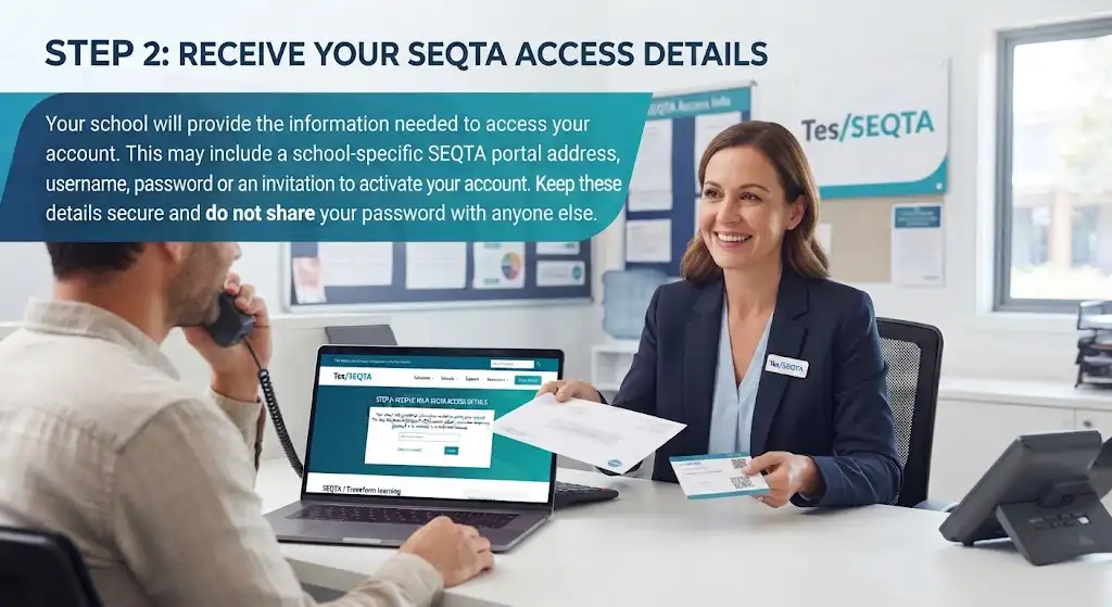 A school administrator holding access details and papers while a laptop displays the Tes/SEQTA login portal, illustrating the step of receiving account credentials.