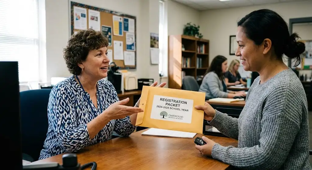 School staff member handing a yellow registration packet to a parent across an office desk for Step 1 of student enrolment