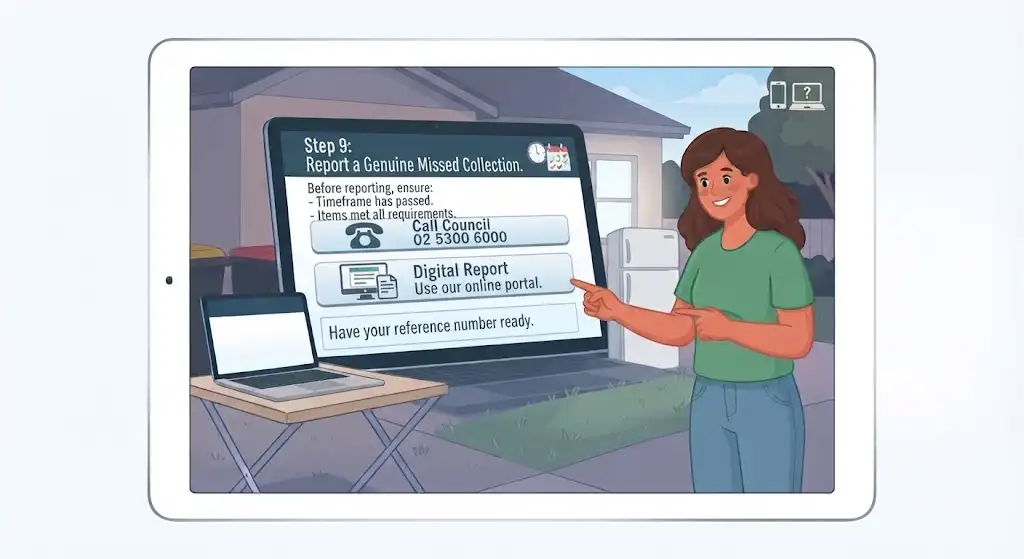 Illustration of a woman pointing to contact options and online portal steps for reporting a missed council clean-up collection.