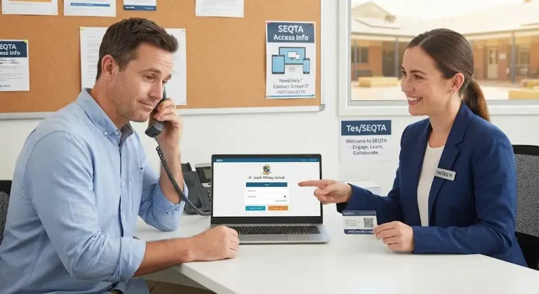 A school staff member helping a parent at a desk with a laptop, showcasing the complete guide for SEQTA Australia login, student portal, and parent access.