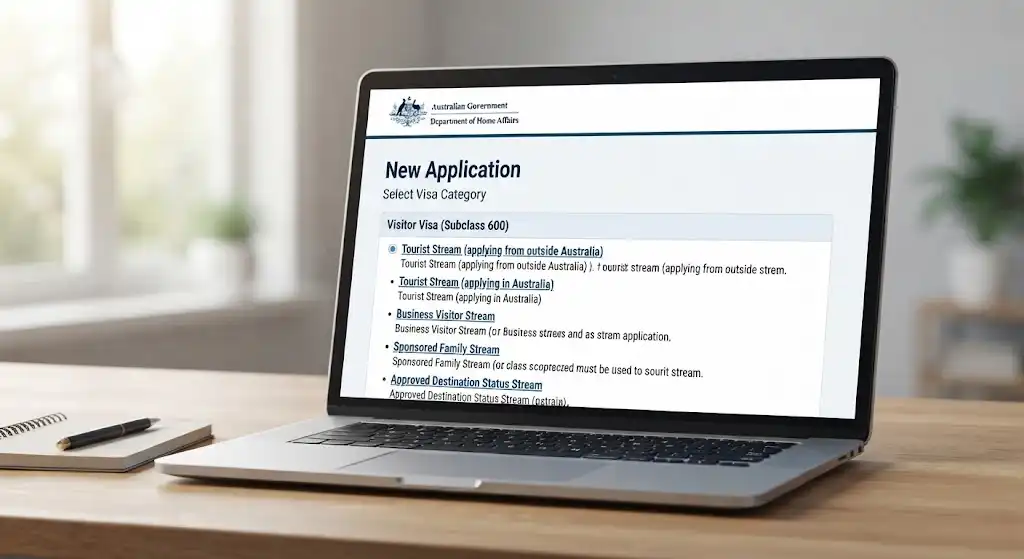 A laptop screen displaying the official Australian Government Department of Home Affairs 'New Application' page, showing the 'Visitor Visa (Subclass 600)' category with selectable streams: Tourist, Business Visitor, Sponsored Family, and Approved Destination Status[cite: 1]."