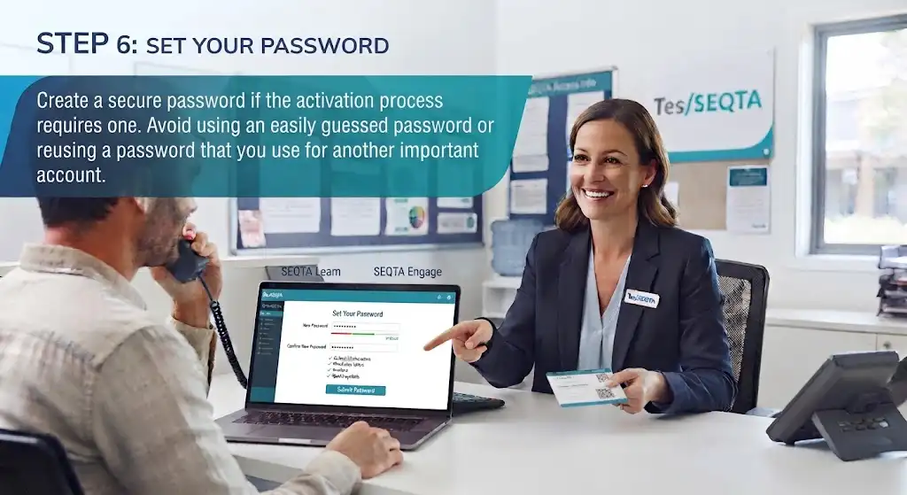A school staff member pointing to a secure password setup screen on a laptop, illustrating the step to set a strong password for your SEQTA account.