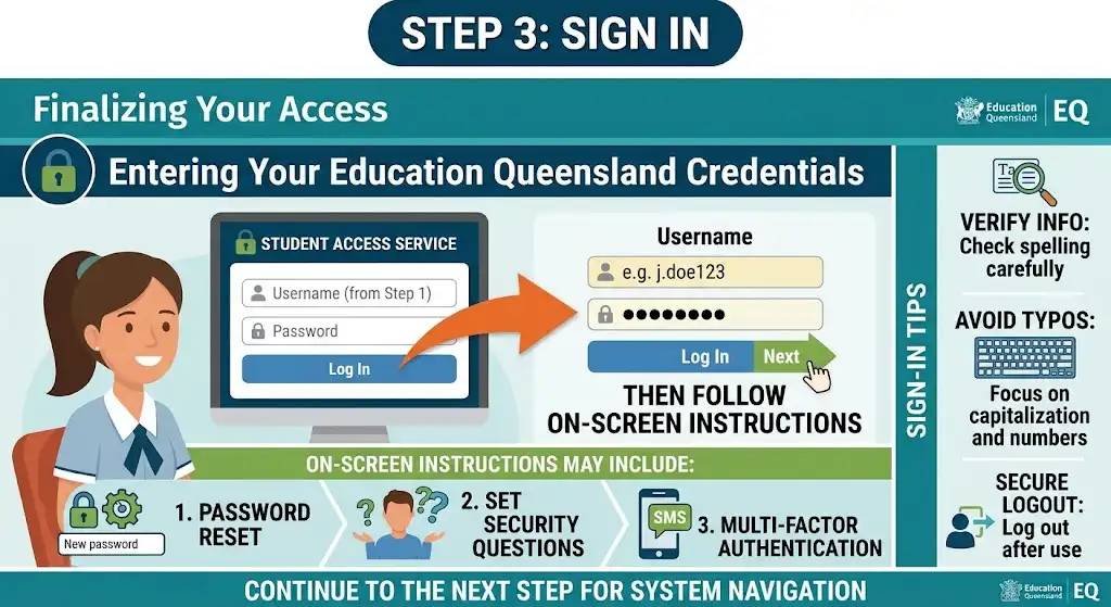 Step 3 diagram illustrating how to sign in with Education Queensland username and password carefully and follow on-screen setup prompts