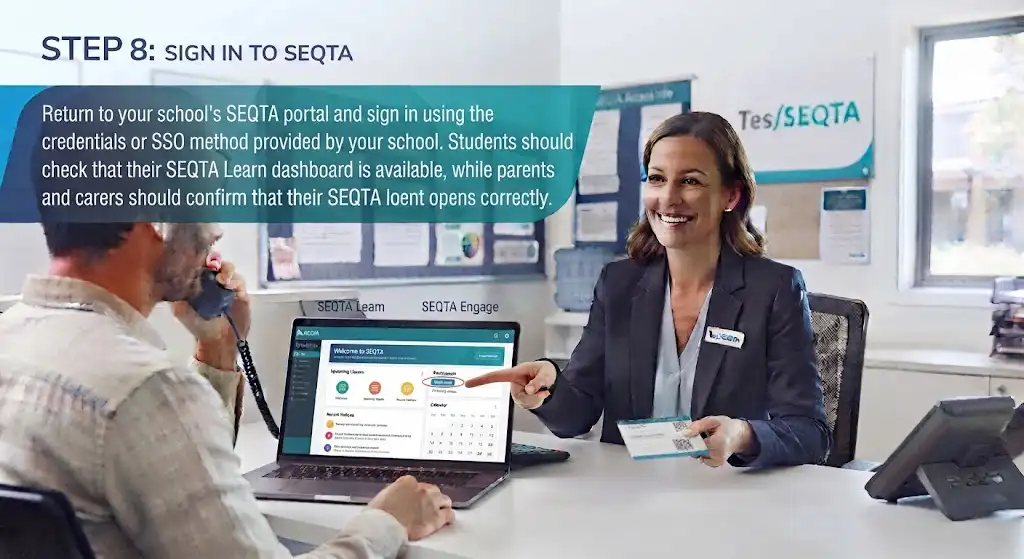 A school staff member pointing to a successfully loaded SEQTA dashboard on a laptop, illustrating the final step to sign in and confirm access.