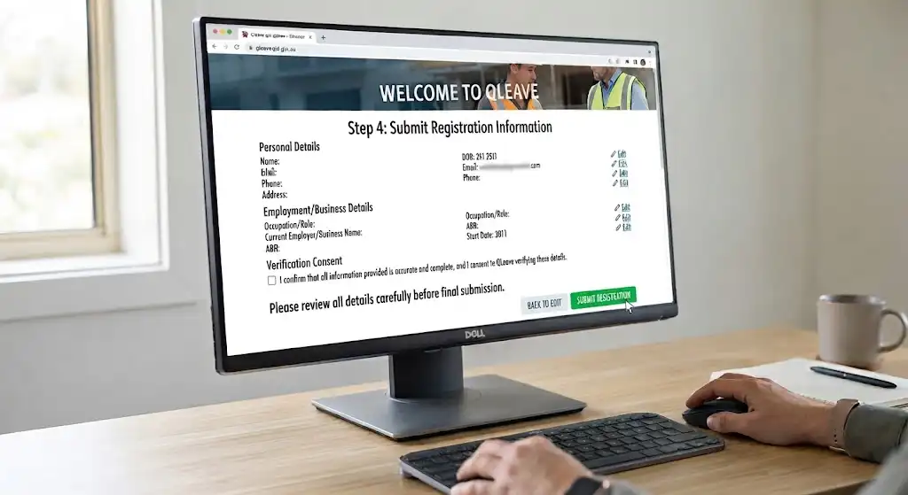 QLeave website's final registration review page, summarizing personal and employment details before submission, with a mouse cursor hovering over the green submit button."