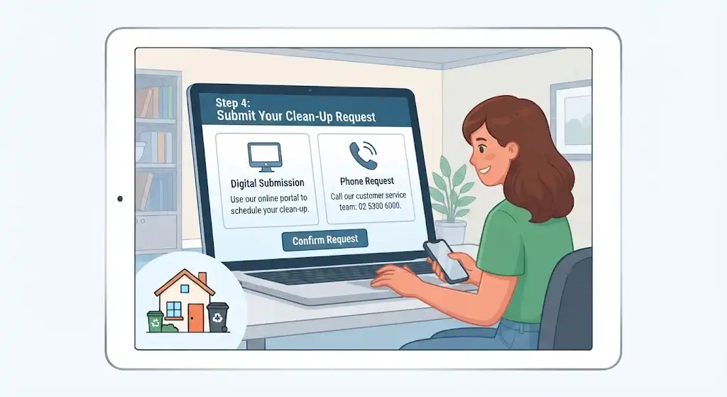 Illustration of a woman using a laptop and phone to submit a household clean-up request through the council portal.