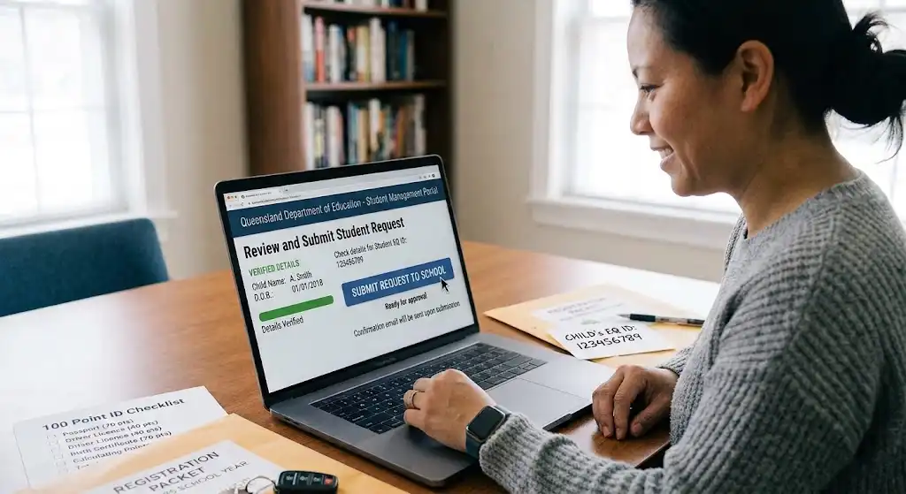A parent with a verified identity is clicking the final 'Submit Request to School' button on the Queensland Department of Education online portal to complete student registration.