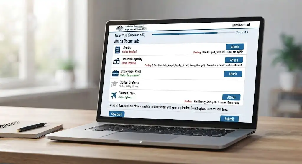 Step 5 of the ImmiAccount Visitor Visa application interface, showing options to attach identity, financial capacity, employment, student, and travel documents[cite: 5].
