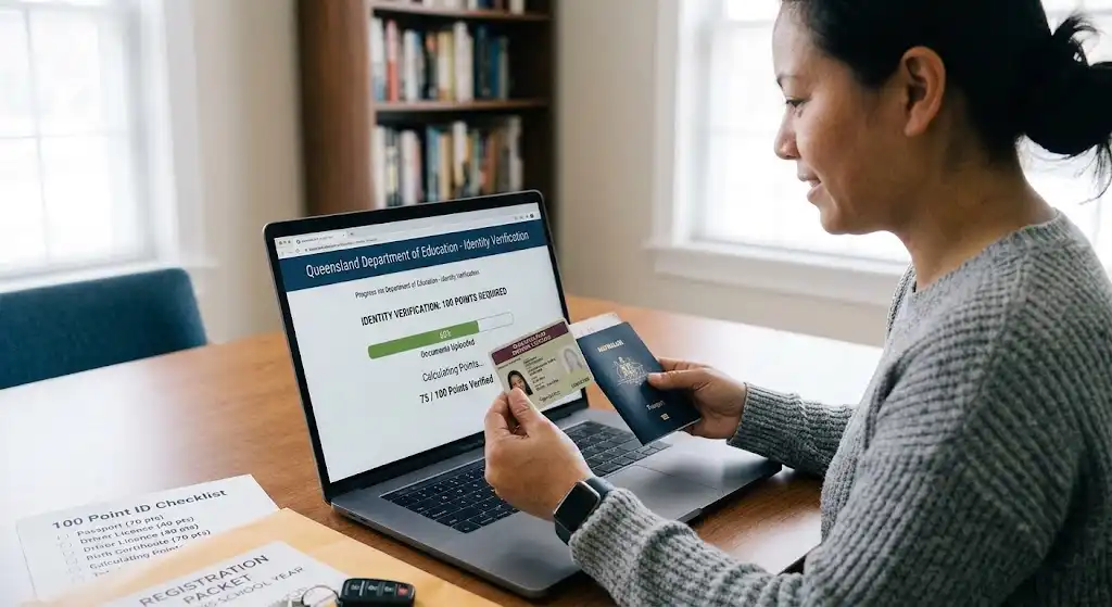 Parent holding a driver licence and Australian passport to complete 100 points identity verification on the Queensland Department of Education portal.
