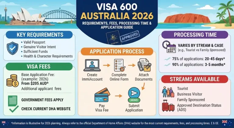 Infographic showing Australia Visa 600 requirements, fees, processing time, and application guide