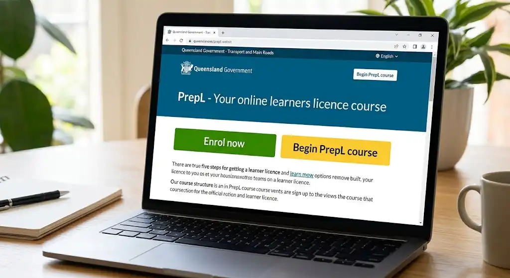 Open laptop displaying the official Queensland Government PrepL online learner licence course portal with Enrol Now and Begin PrepL course options.
