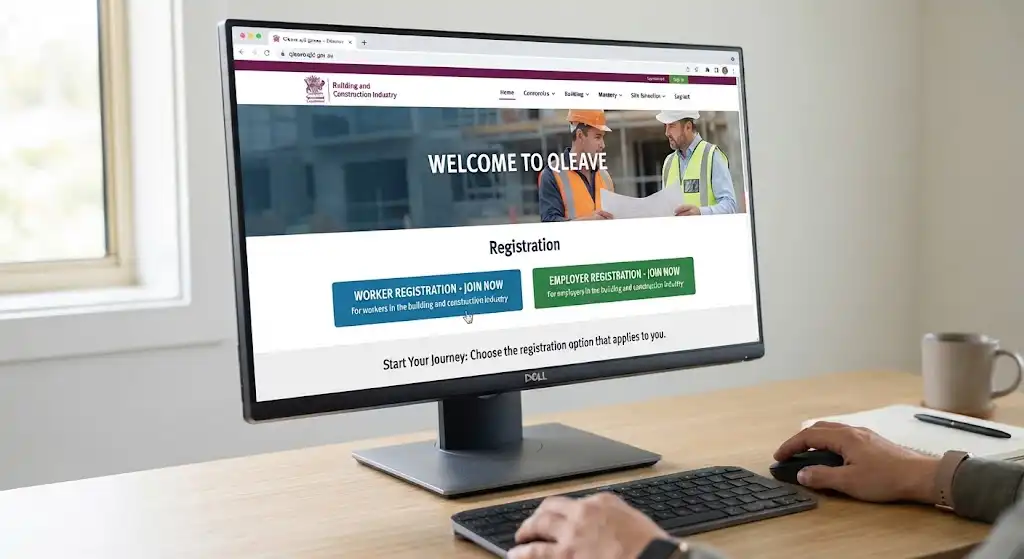 Screenshot of the official QLeave website homepage displaying options for worker registration and employer registration in the building and construction industry.