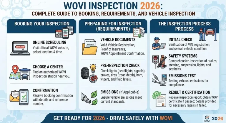 "Complete guide infographic detailing the WOVI vehicle inspection process, online booking steps, necessary documents, and pre-inspection checklist."