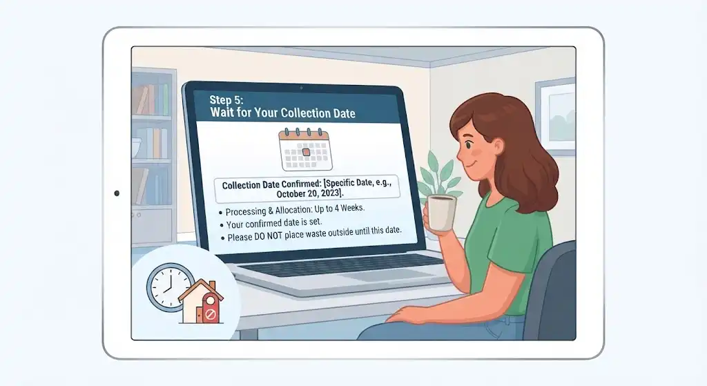 Illustration of a woman holding a coffee mug and waiting for her council clean-up collection date confirmation on a laptop.