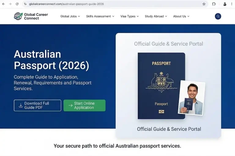 Australian Passport 2026 guide displaying official navy blue passport, applicant photo, and portal navigation buttons